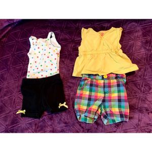 LOT of FOUR for girls 12 months, 1 top, 1 bodysuit, 2 shorts dots, plaid, yellow